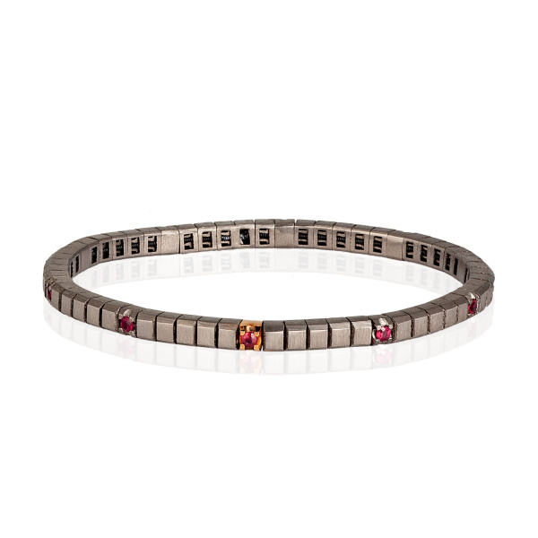 Bracelet de tennis Mano J, ligne élastique en titane, or rouge 18 carats et 10 rubis de 5 points
