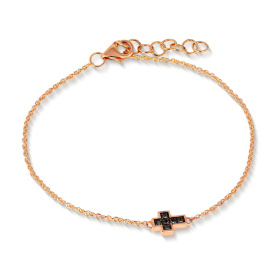 Bracelet Mano J MAN avec croix en or rouge 9 carats, diamants noirs et chaîne en or rouge 9 carats