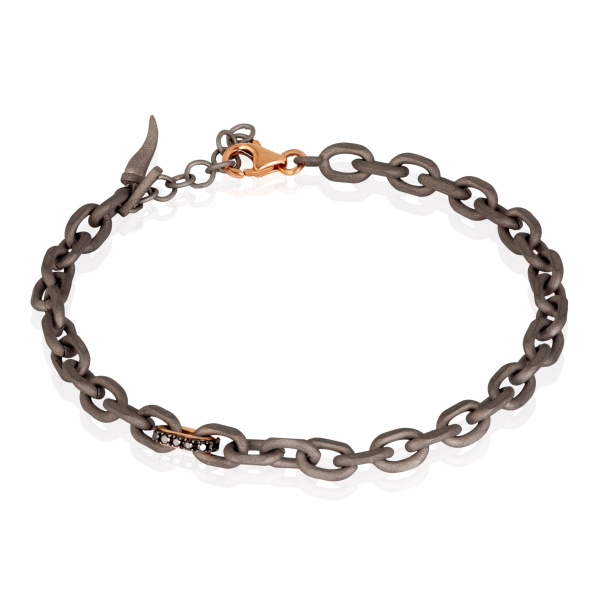 Bracelet pour homme Mano J avec chaîne en titane, or rouge 9 carats et diamants noirs
