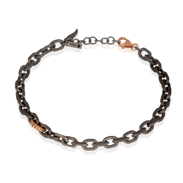 Bracelet pour homme Mano J avec chaîne en titane, or rouge 9 carats et diamants bruns