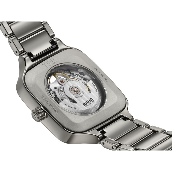 Montre Rado True Square Automatic Open Heart Sparkling Automatique Cadran Gris, Rhodium Bracelet Plasma