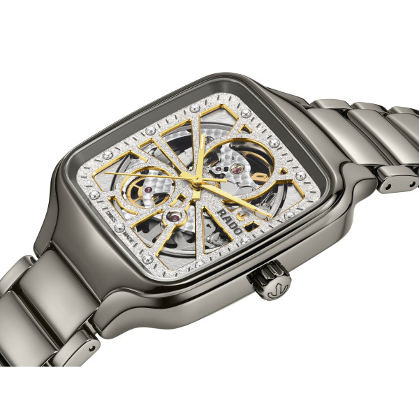 Montre Rado True Square Automatic Open Heart Sparkling Automatique Cadran Gris, Rhodium Bracelet Plasma