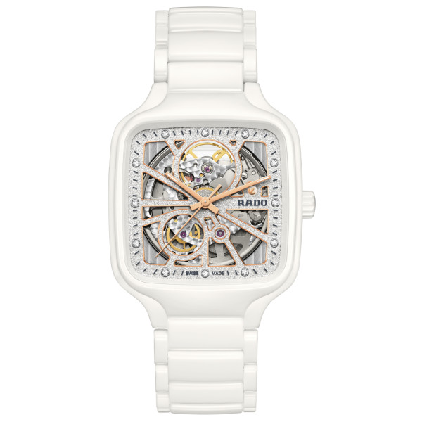 Montre Rado True Square Automatic Open Heart Sparkling Automatique Cadran Rhodium, Blanc Bracelet Blanc