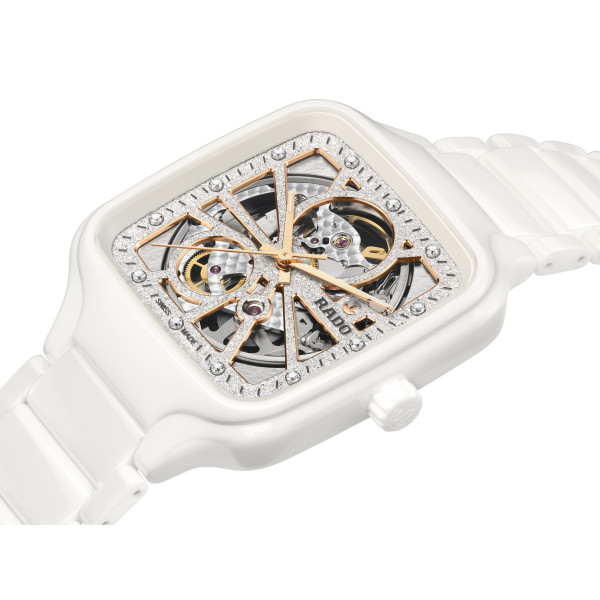 Montre Rado True Square Automatic Open Heart Sparkling Automatique Cadran Rhodium, Blanc Bracelet Blanc