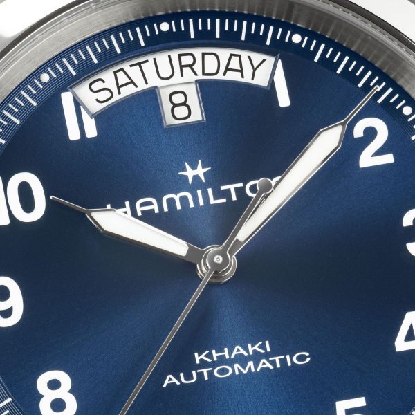 Montre Hamilton Khaki Field King Day-Date 40 mm Cadran Bleu Bracelet Cuir de vachette