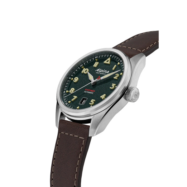 Montre Alpina Startimer Pilot Automatic 40mm Cadran Kaki Bracelet Cuir Brun