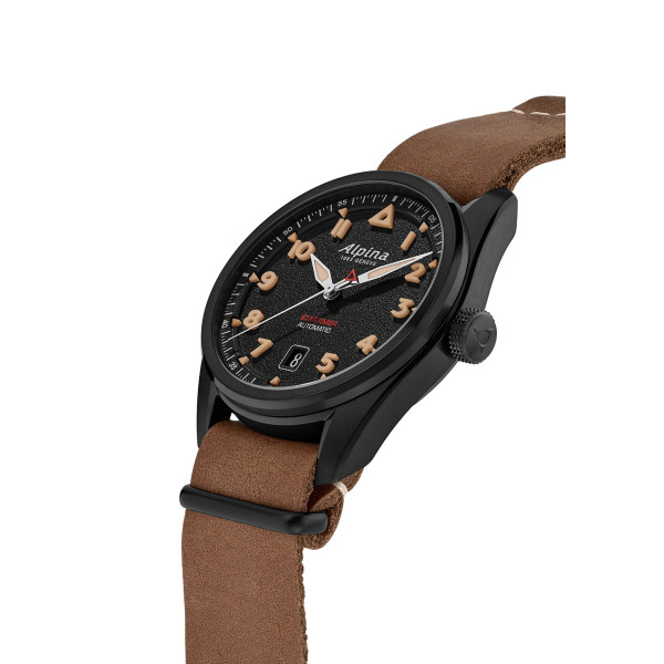 Montre Alpina Startimer Pilot Automatic 40mm Cadran Noir Bracelet Cuir Brun