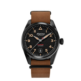 Montre Alpina Startimer Pilot Automatic 40mm PVD Noir Bracelet Cuir Brun