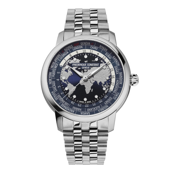 Montre Frederique Constant Manufacture Classic Worldtimer Cadran Bleu Bracelet Acier