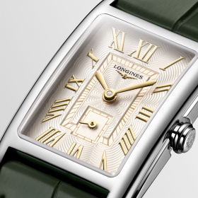 Montre Longines DolceVita L5.255.4.08.2 20.80x32mm Quartz Boîtier rectangulaire acier cadran ivoire flinqué bracelet vert