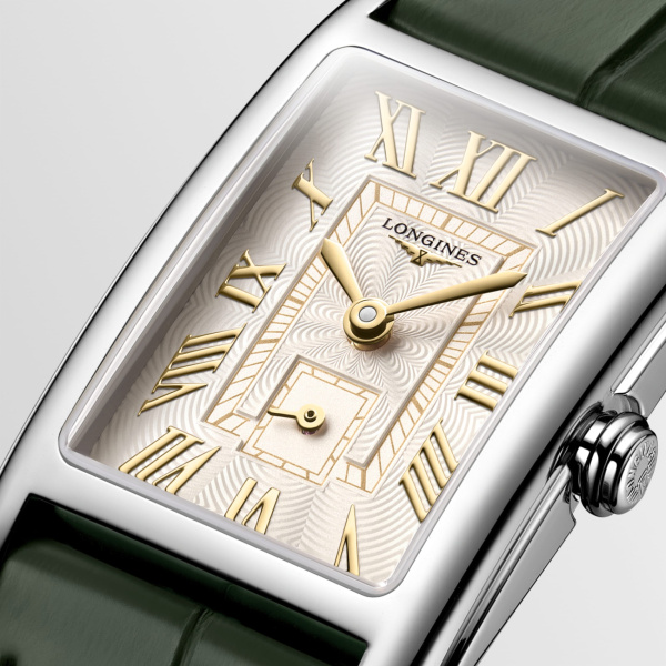 Montre Longines DolceVita L5.255.4.08.2 20.80x32mm Quartz Boîtier rectangulaire acier cadran ivoire flinqué bracelet vert