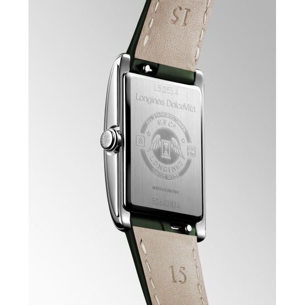 Montre Longines DolceVita L5.255.4.08.2 20.80x32mm Quartz Boîtier rectangulaire acier cadran ivoire flinqué bracelet vert