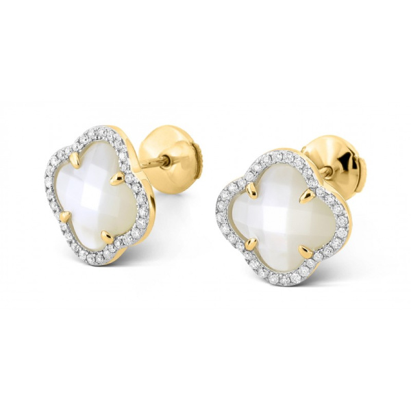 Puces d'Oreilles Morganne Bello Victoria Grande Nacre Blanche Diamants Or Jaune