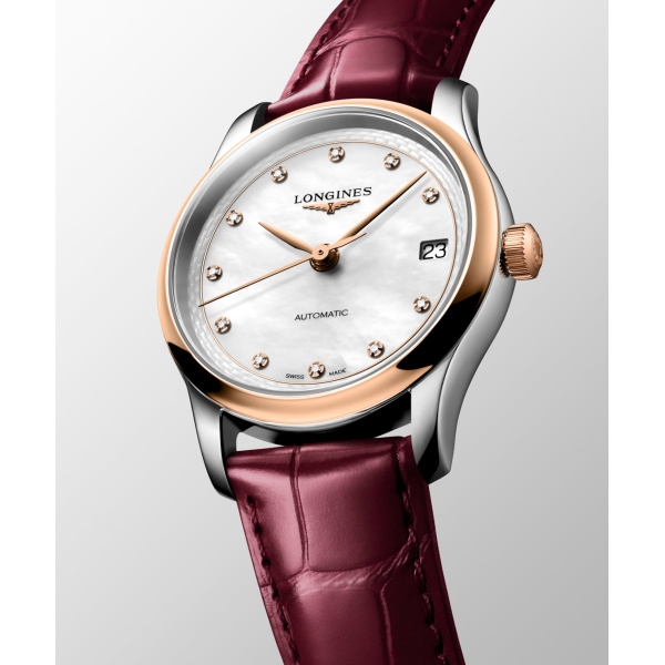Montre Longines Master Collection 34mm Automatique Cadran Nacre Bracelet Alligator Bordeaux
