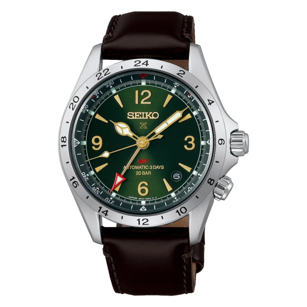 Montre Seiko Prospex Alpinist GMT HBC007 Cadran Vert Bracelet Cuir Brun