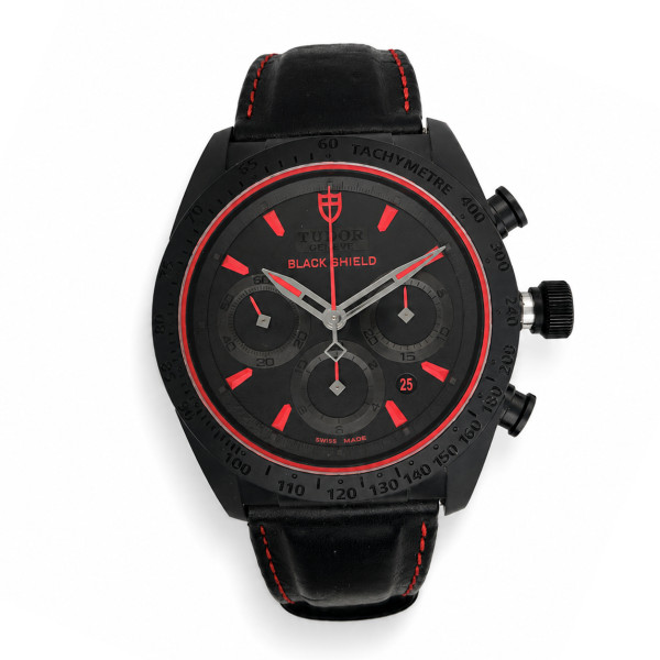 Montre Occasion Tudor Fastrider Black Shield Chrono Bracelet Cuir Noir Rouge