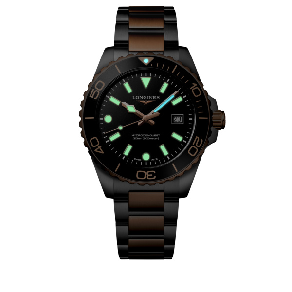 Montre Longines Hydroconquest 42mm Quartz Cadran Noir Sablé Pvd Or Rose