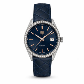 Montre Occasion Tag Heuer Carrera Lunette Pavée Cadran Bleu bracelet Cuir Bleu