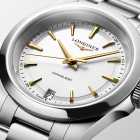 Montre Longines Conquest 34 mm Quartz Blanc Index Dorés Jaunes