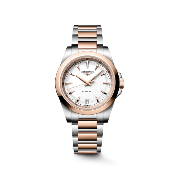 Montre Longines Conquest 34 mm Quartz PVD Or Rose Cadran Blanc