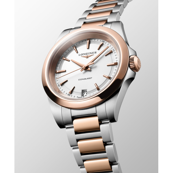 Montre Longines Conquest 34 mm Quartz PVD Or Rose Cadran Blanc