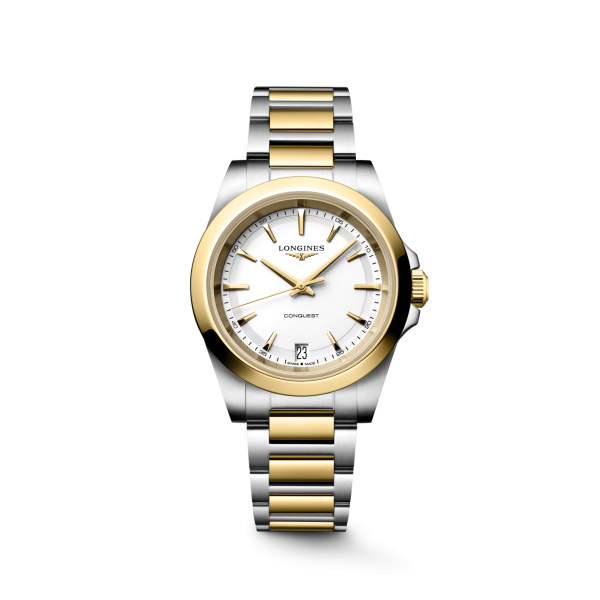 Montre Longines Conquest 34 mm Quartz PVD Or Jaune Cadran Blanc