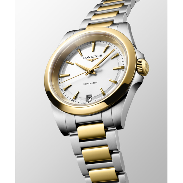 Montre Longines Conquest 34 mm Quartz PVD Or Jaune Cadran Blanc