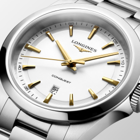 Montre Longines Conquest 30 mm Quartz Blanc Index Dorés Jaunes
