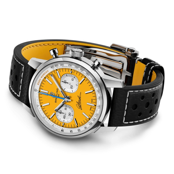 Montre Breitling Top Time B01 Chronograph 41mm Eddy Merckx Édition Limitée Cadran jaune bracelet cuir