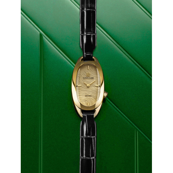 Montre March LA.B Oblongue Drapée Gold 20 mm Bracelet Alligator Noir
