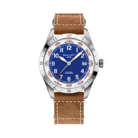 Montre Gallet Flying Officer Automatic 40 mm Cadran Bleu Bracelet Cuir Beige