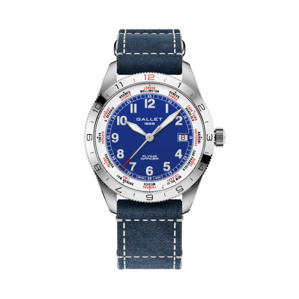 Montre Gallet Flying Officer Automatic 40 mm Cadran Bleu Bracelet Cuir Bleu