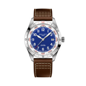 Montre Gallet Flying Officer Automatic 40 mm Cadran Bleu Bracelet Cuir Brun