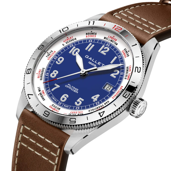 Montre Gallet Flying Officer Automatic 40 mm Cadran Bleu Bracelet Cuir Brun
