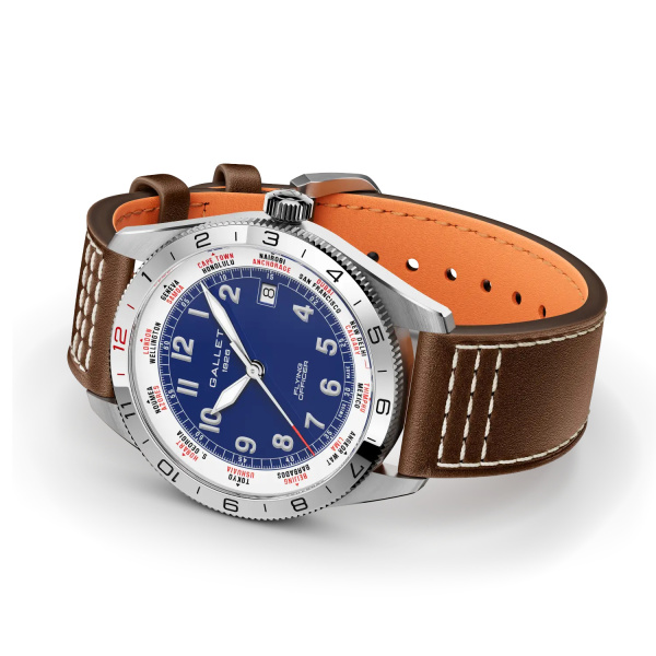 Montre Gallet Flying Officer Automatic 40 mm Cadran Bleu Bracelet Cuir Brun