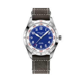 Montre Gallet Flying Officer Automatic 40 mm Cadran Bleu Bracelet Cuir Gris