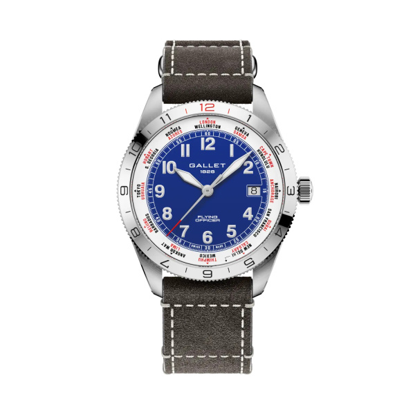 Montre Gallet Flying Officer Automatic 40 mm Cadran Bleu Bracelet Cuir Gris