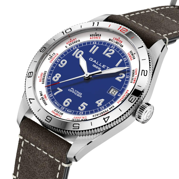 Montre Gallet Flying Officer Automatic 40 mm Cadran Bleu Bracelet Cuir Gris