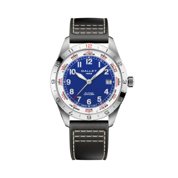Montre Gallet Flying Officer Automatic 40 mm Cadran Bleu Bracelet Cuir Noir