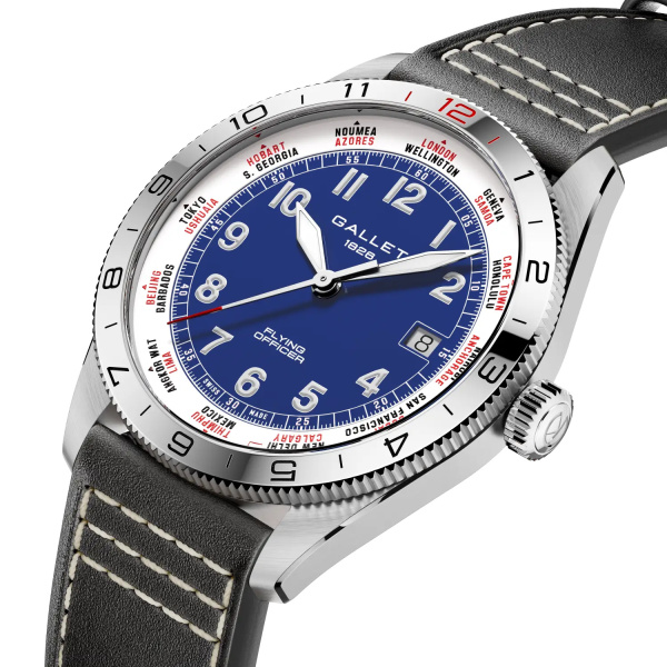 Montre Gallet Flying Officer Automatic 40 mm Cadran Bleu Bracelet Cuir Noir