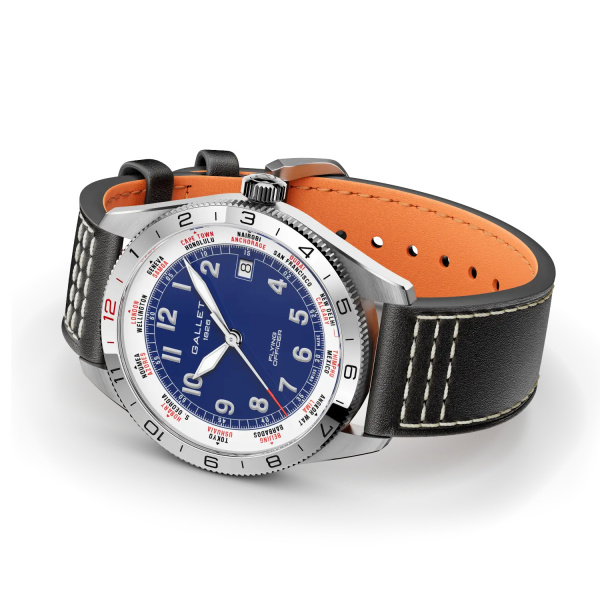 Montre Gallet Flying Officer Automatic 40 mm Cadran Bleu Bracelet Cuir Noir
