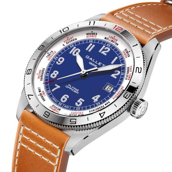 Montre Gallet Flying Officer Automatic 40 mm Cadran Bleu Bracelet Cuir Orange