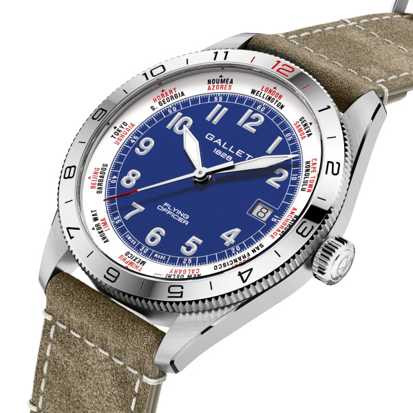 Montre Gallet Flying Officer Automatic 40 mm Cadran Bleu Bracelet Cuir Vert
