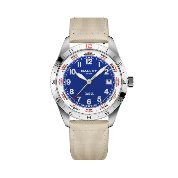 Montre Gallet Flying Officer Automatic 40 mm Cadran Bleu Bracelet Textile Beige