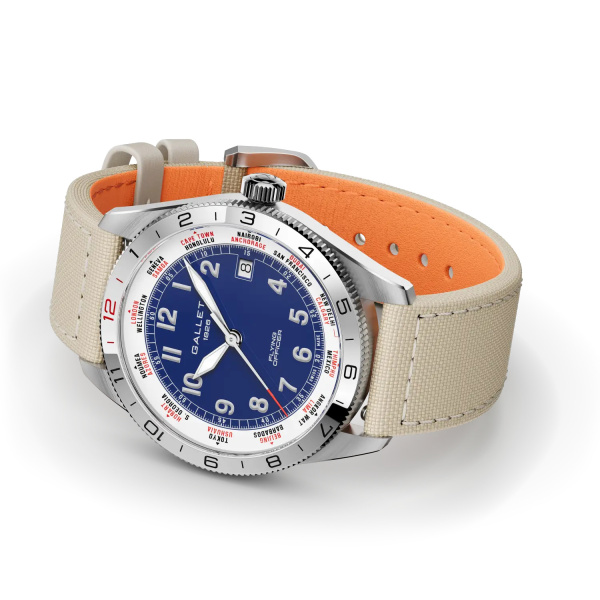 Montre Gallet Flying Officer Automatic 40 mm Cadran Bleu Bracelet Textile Beige