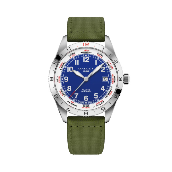 Montre Gallet Flying Officer Automatic 40 mm Cadran Bleu Bracelet Textile Vert
