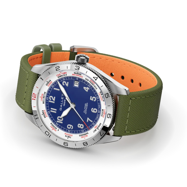 Montre Gallet Flying Officer Automatic 40 mm Cadran Bleu Bracelet Textile Vert