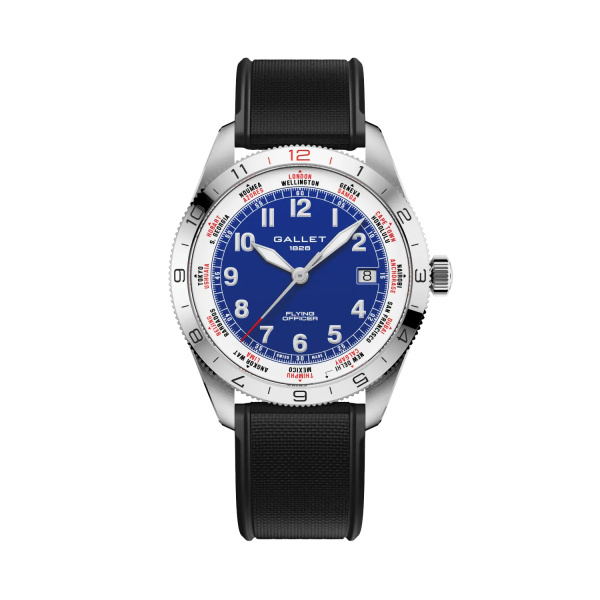Montre Gallet Flying Officer Automatic 40 mm Cadran Bleu Bracelet Caoutchouc Noir