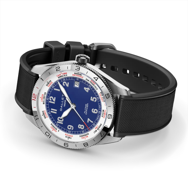 Montre Gallet Flying Officer Automatic 40 mm Cadran Bleu Bracelet Caoutchouc Noir