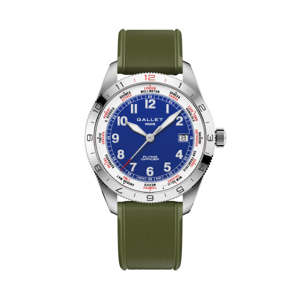 Montre Gallet Flying Officer Automatic 40 mm Cadran Bleu Bracelet Caoutchouc Vert